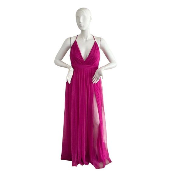 Maniju Magenta Formal Tulle Evening Gown Side Slit - Picture 1 of 12